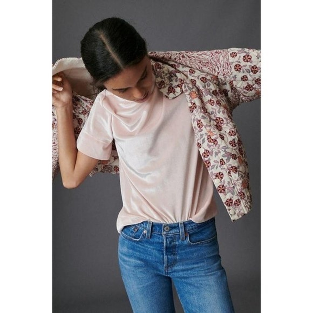 Pink Anthropologie Velvet Mock Neck Short Sleeve Top (NWT)